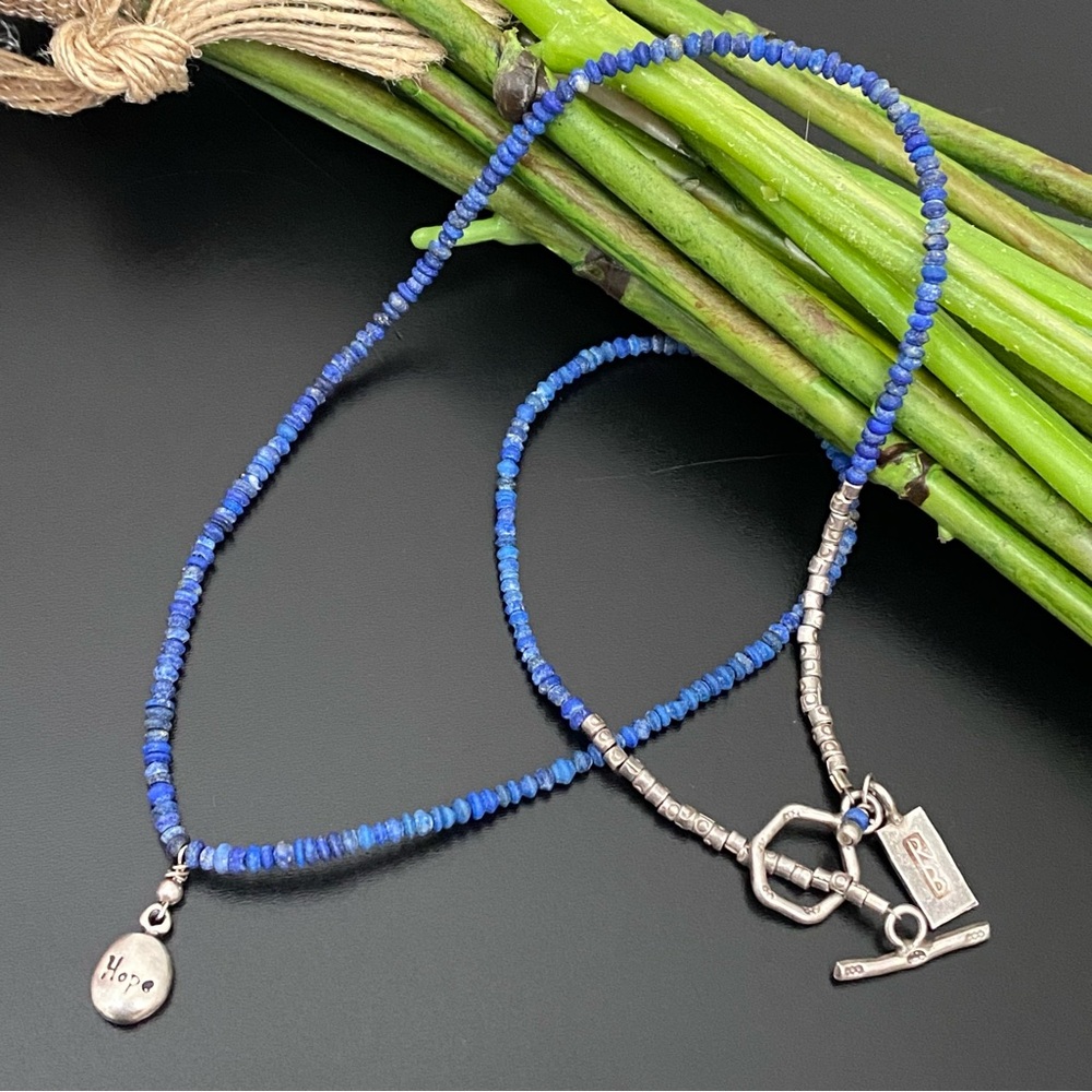 Vintage RB Signed Lapis Lazuli Micro Beads Hope Boho Toggle Beaded Necklace 7g